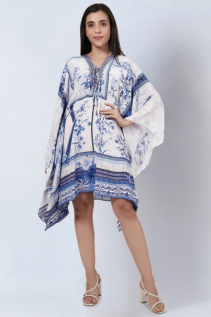 White & Blue Silk Crepe Printed Tunic by First Resort by Ramola Bachchan at Pernia's Pop Up Shop