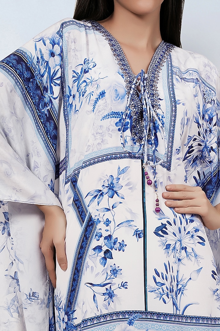 White & Blue Silk Crepe Printed Tunic by First Resort by Ramola Bachchan at Pernia's Pop Up Shop