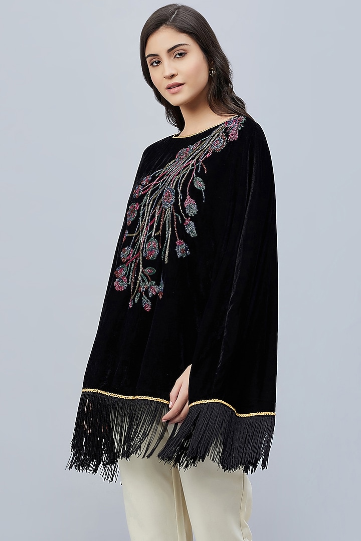 Black Velvet Hand Embroidered Poncho by First Resort by Ramola Bachchan