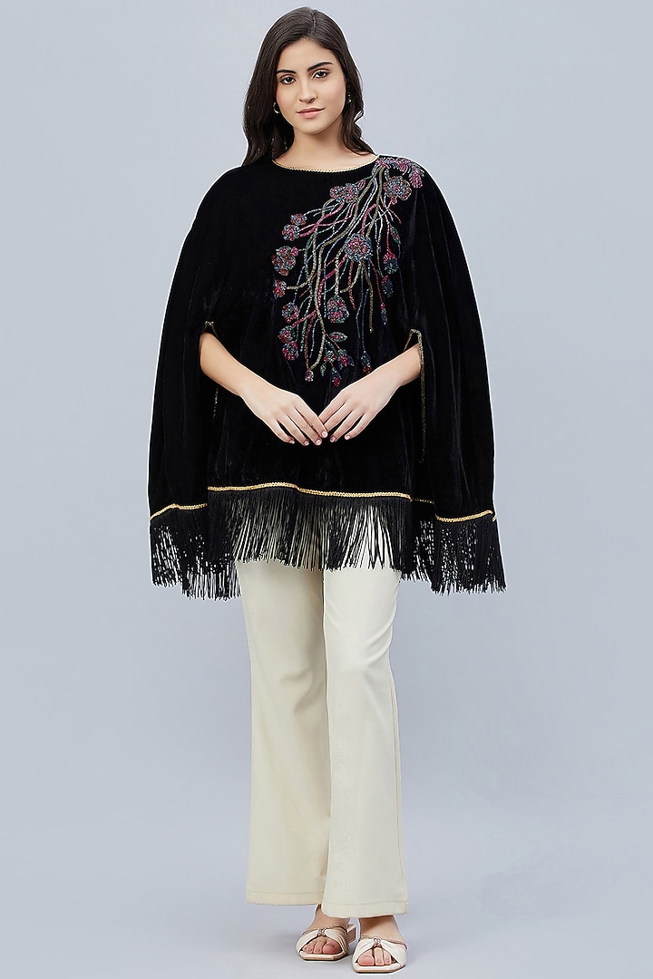 Black Velvet Hand Embroidered Poncho by First Resort by Ramola Bachchan at Pernia's Pop Up Shop