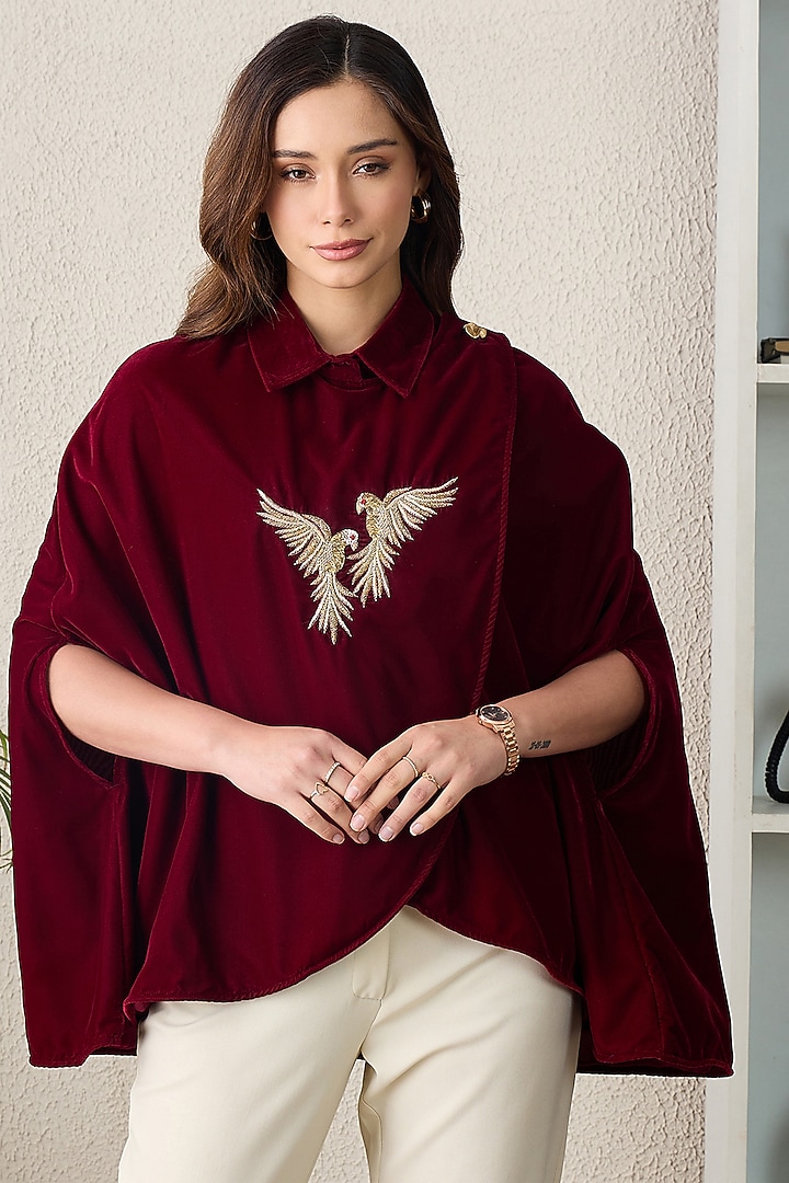 Maroon Micro Velvet Motif Embroidered Top by First Resort by Ramola Bachchan at Pernia's Pop Up Shop