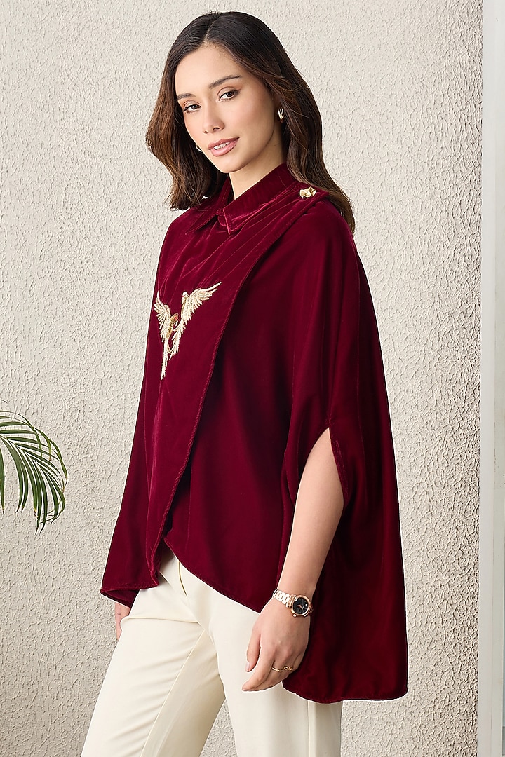 Maroon Micro Velvet Motif Embroidered Top by First Resort by Ramola Bachchan at Pernia's Pop Up Shop