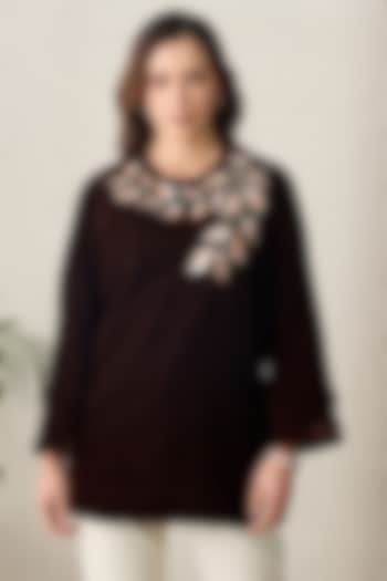 Brown Micro Velvet Hand Embroidered Top by First Resort by Ramola Bachchan at Pernia's Pop Up Shop