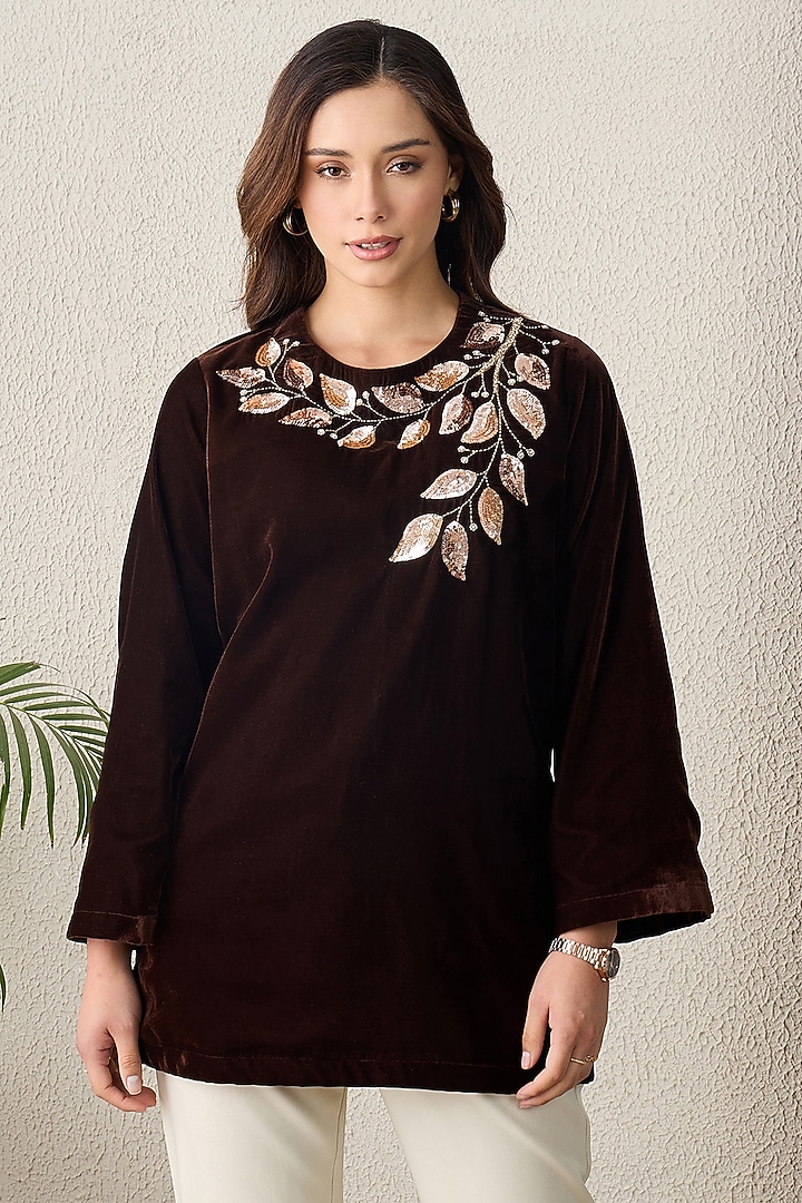 Brown Micro Velvet Hand Embroidered Top by First Resort by Ramola Bachchan at Pernia's Pop Up Shop