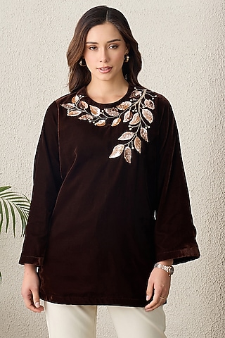 Brown Micro Velvet Hand Embroidered Top by First Resort by Ramola Bachchan