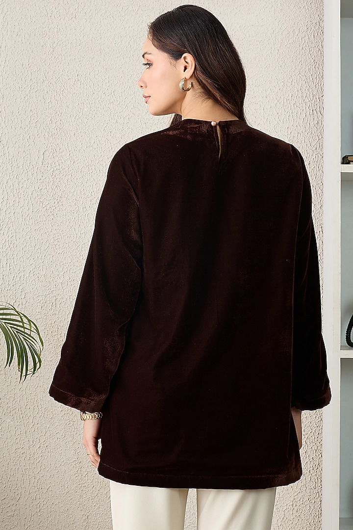 Brown Micro Velvet Hand Embroidered Top by First Resort by Ramola Bachchan at Pernia's Pop Up Shop