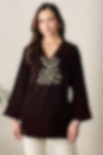 Brown Micro Velvet Bead Embroidered Top by First Resort by Ramola Bachchan at Pernia's Pop Up Shop
