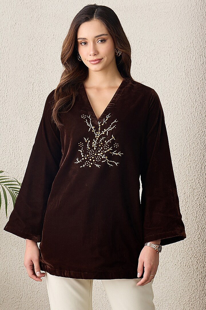 Brown Micro Velvet Bead Embroidered Top by First Resort by Ramola Bachchan at Pernia's Pop Up Shop