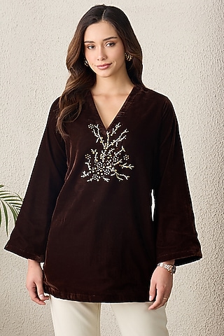 Brown Micro Velvet Bead Embroidered Top by First Resort by Ramola Bachchan