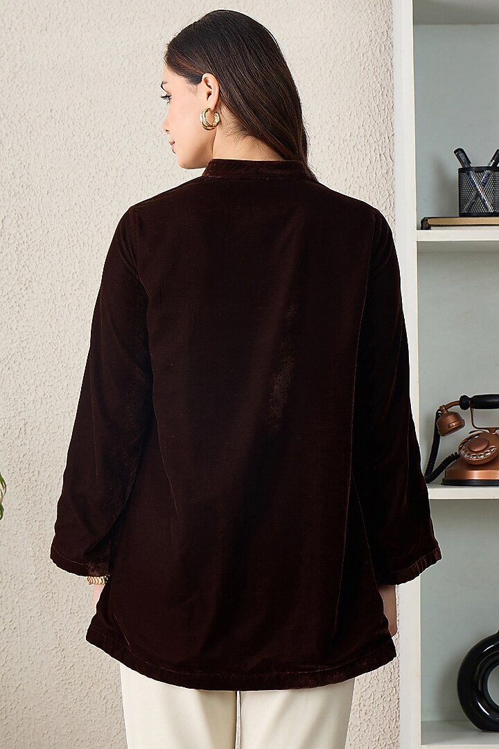 Brown Micro Velvet Bead Embroidered Top by First Resort by Ramola Bachchan at Pernia's Pop Up Shop