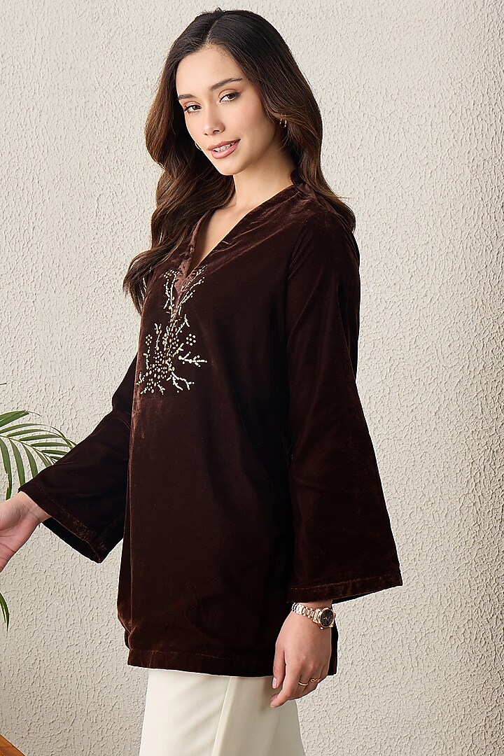 Brown Micro Velvet Bead Embroidered Top by First Resort by Ramola Bachchan at Pernia's Pop Up Shop