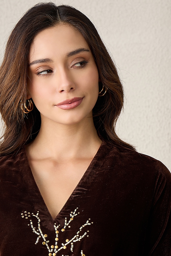 Brown Micro Velvet Bead Embroidered Top by First Resort by Ramola Bachchan at Pernia's Pop Up Shop