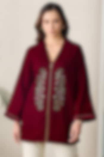 Maroon Micro Velvet Floral Embroidered Jacket by First Resort by Ramola Bachchan at Pernia's Pop Up Shop