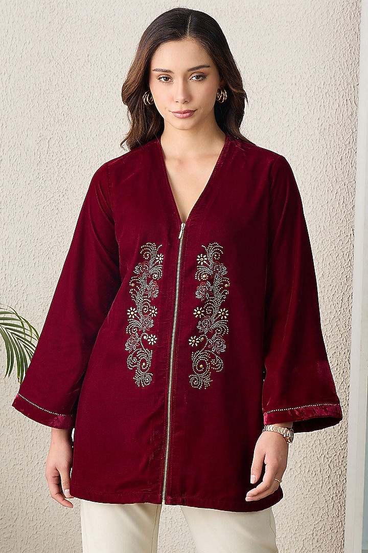 Maroon Micro Velvet Floral Embroidered Jacket by First Resort by Ramola Bachchan at Pernia's Pop Up Shop