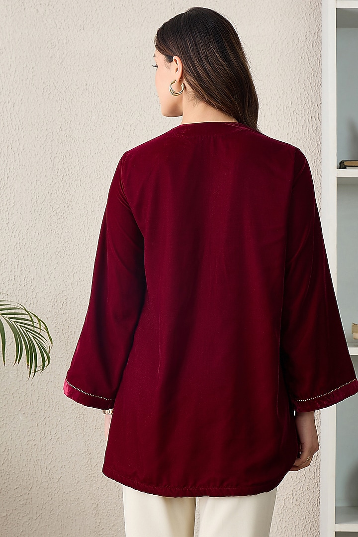 Maroon Micro Velvet Floral Embroidered Jacket by First Resort by Ramola Bachchan at Pernia's Pop Up Shop