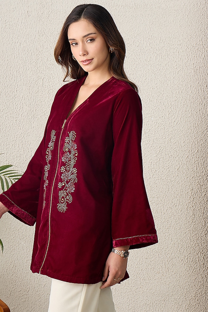 Maroon Micro Velvet Floral Embroidered Jacket by First Resort by Ramola Bachchan at Pernia's Pop Up Shop