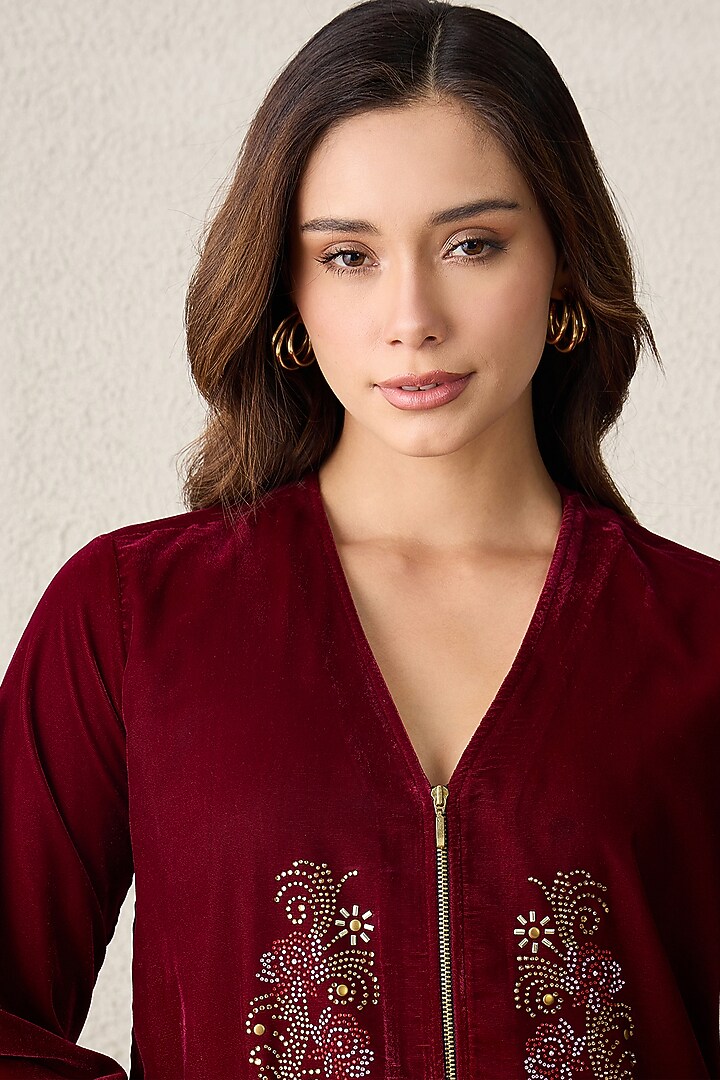 Maroon Micro Velvet Floral Embroidered Jacket by First Resort by Ramola Bachchan at Pernia's Pop Up Shop