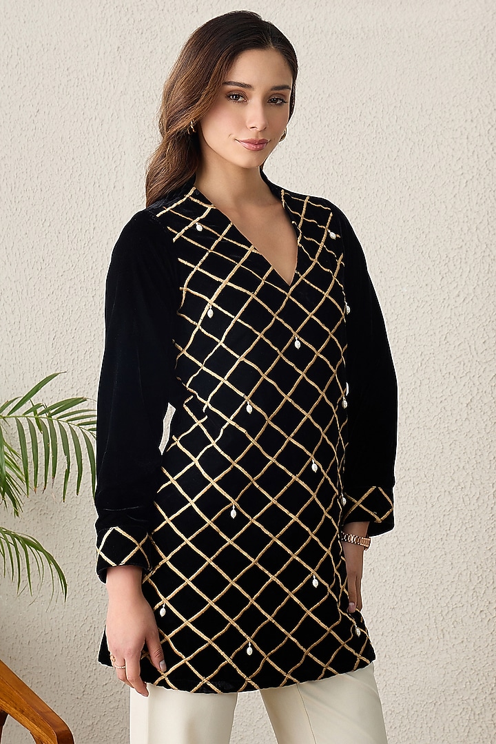 Black Micro Velvet Bead Embellished Kurta by First Resort by Ramola Bachchan at Pernia's Pop Up Shop