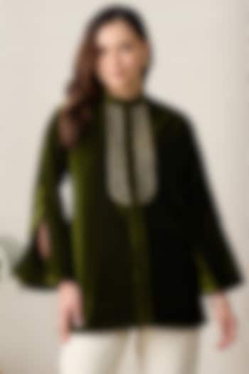 Green Micro Velvet Gold Embroidered Tunic by First Resort by Ramola Bachchan at Pernia's Pop Up Shop