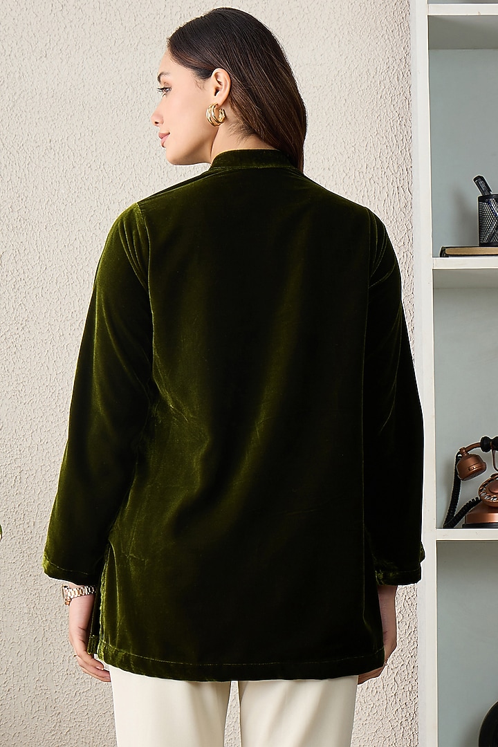 Green Micro Velvet Gold Embroidered Tunic by First Resort by Ramola Bachchan at Pernia's Pop Up Shop