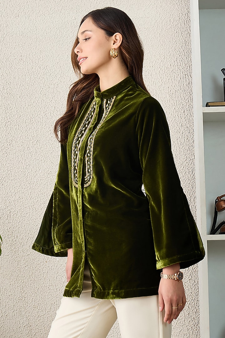 Green Micro Velvet Gold Embroidered Tunic by First Resort by Ramola Bachchan at Pernia's Pop Up Shop