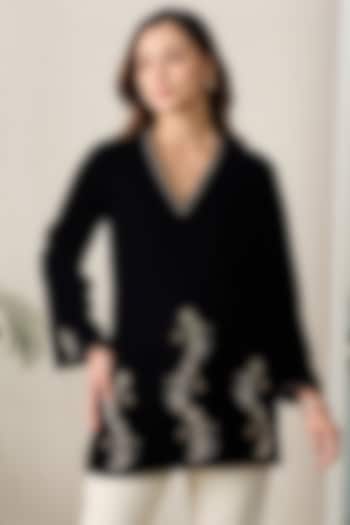 Black Micro Velvet Hand Embroidered Tunic by First Resort by Ramola Bachchan at Pernia's Pop Up Shop
