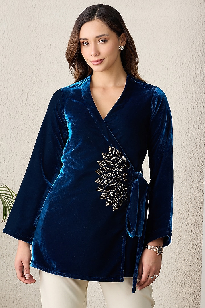 Blue Micro Velvet Crystal Embellished Top by First Resort by Ramola Bachchan at Pernia's Pop Up Shop