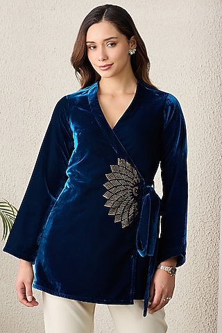 Blue Micro Velvet Crystal Embellished Top by First Resort by Ramola Bachchan