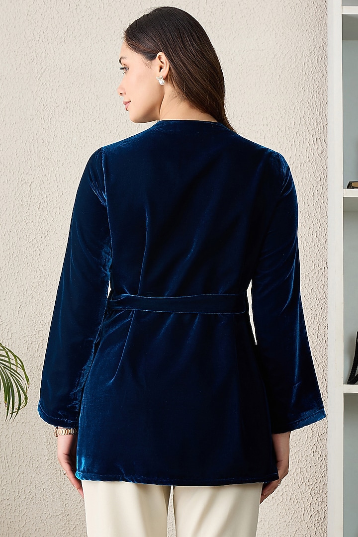 Blue Micro Velvet Crystal Embellished Top by First Resort by Ramola Bachchan at Pernia's Pop Up Shop