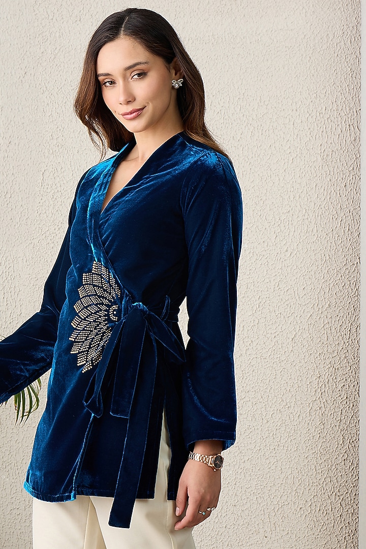 Blue Micro Velvet Crystal Embellished Top by First Resort by Ramola Bachchan at Pernia's Pop Up Shop