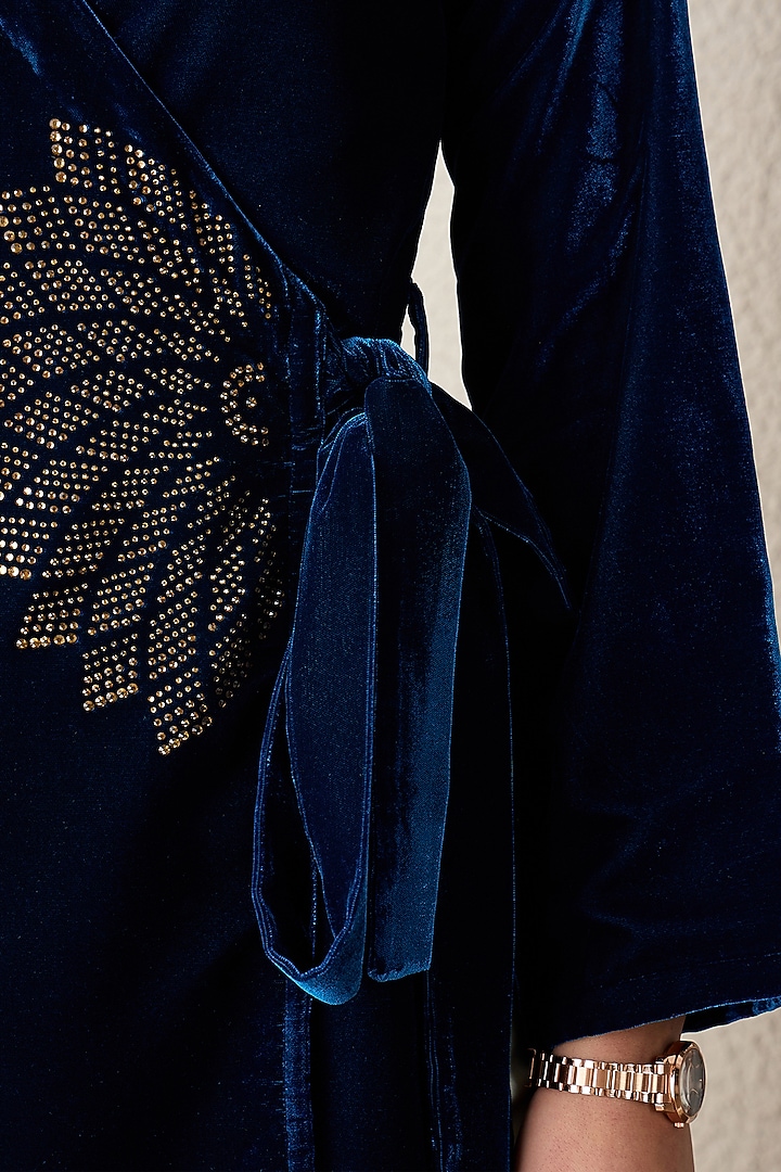 Blue Micro Velvet Crystal Embellished Top by First Resort by Ramola Bachchan at Pernia's Pop Up Shop