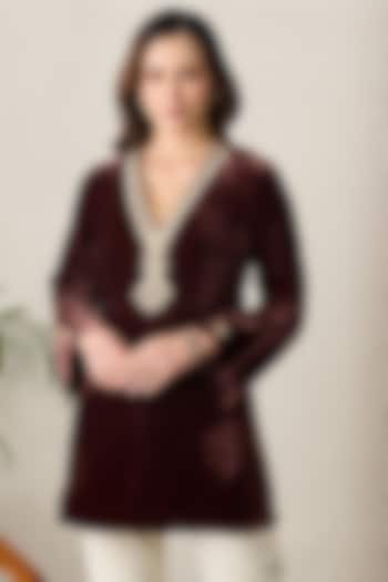 Brown Micro Velvet Hand Embroidered Top by First Resort by Ramola Bachchan at Pernia's Pop Up Shop