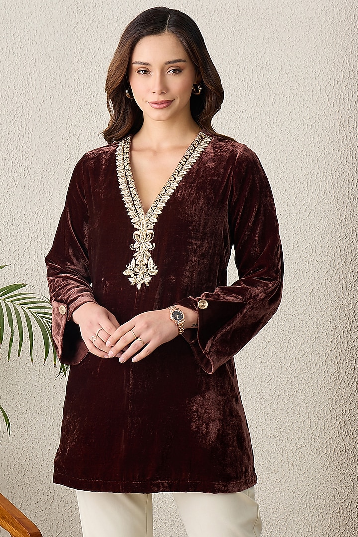 Brown Micro Velvet Hand Embroidered Top by First Resort by Ramola Bachchan at Pernia's Pop Up Shop