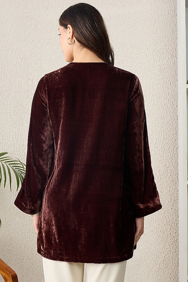 Brown Micro Velvet Hand Embroidered Top by First Resort by Ramola Bachchan at Pernia's Pop Up Shop
