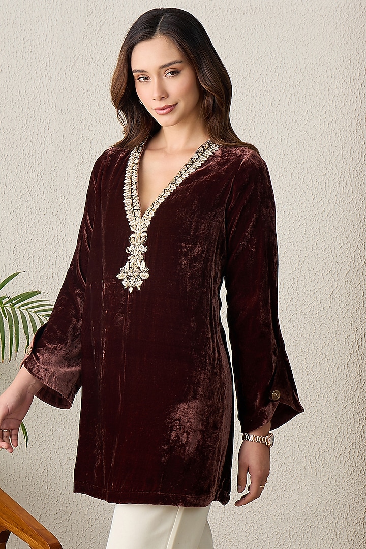 Brown Micro Velvet Hand Embroidered Top by First Resort by Ramola Bachchan at Pernia's Pop Up Shop
