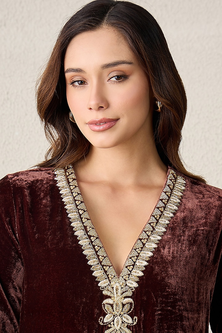 Brown Micro Velvet Hand Embroidered Top by First Resort by Ramola Bachchan at Pernia's Pop Up Shop