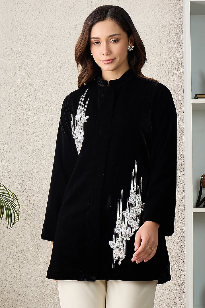 Black Micro Velvet Hand Embroidered Jacket by First Resort by Ramola Bachchan at Pernia's Pop Up Shop