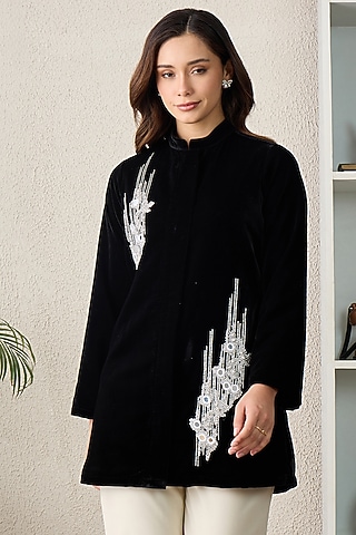 Black Micro Velvet Hand Embroidered Jacket by First Resort by Ramola Bachchan