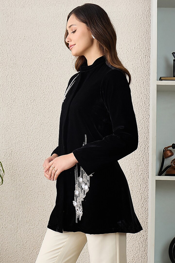 Black Micro Velvet Hand Embroidered Jacket by First Resort by Ramola Bachchan at Pernia's Pop Up Shop