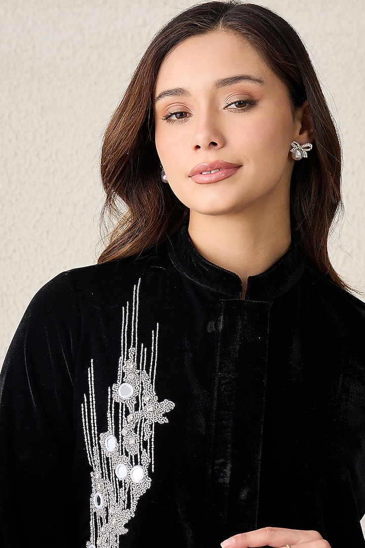 Black Micro Velvet Hand Embroidered Jacket by First Resort by Ramola Bachchan at Pernia's Pop Up Shop
