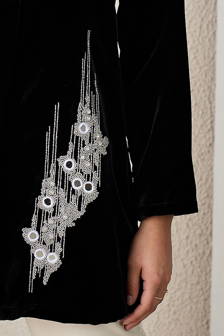 Black Micro Velvet Hand Embroidered Jacket by First Resort by Ramola Bachchan at Pernia's Pop Up Shop