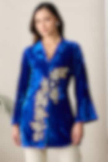 Royal Blue Silk Velvet Hand Embroidered Jacket by First Resort by Ramola Bachchan at Pernia's Pop Up Shop