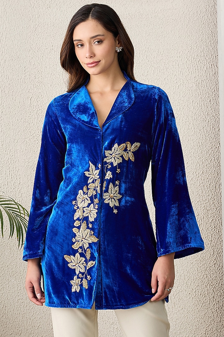 Royal Blue Silk Velvet Hand Embroidered Jacket by First Resort by Ramola Bachchan at Pernia's Pop Up Shop