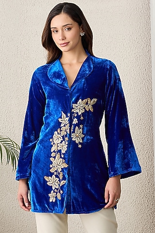 Royal Blue Silk Velvet Hand Embroidered Jacket by First Resort by Ramola Bachchan