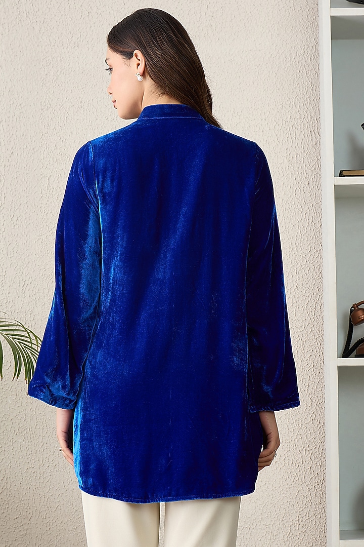 Royal Blue Silk Velvet Hand Embroidered Jacket by First Resort by Ramola Bachchan at Pernia's Pop Up Shop