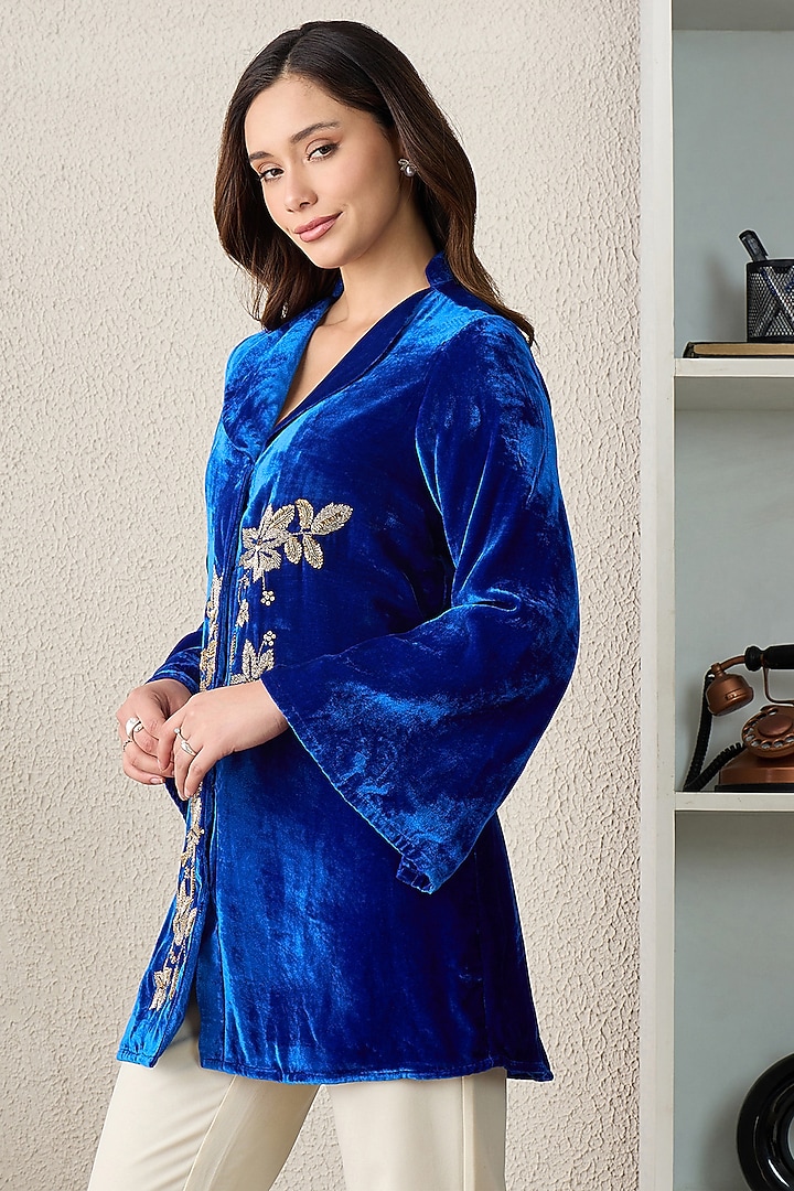 Royal Blue Silk Velvet Hand Embroidered Jacket by First Resort by Ramola Bachchan at Pernia's Pop Up Shop