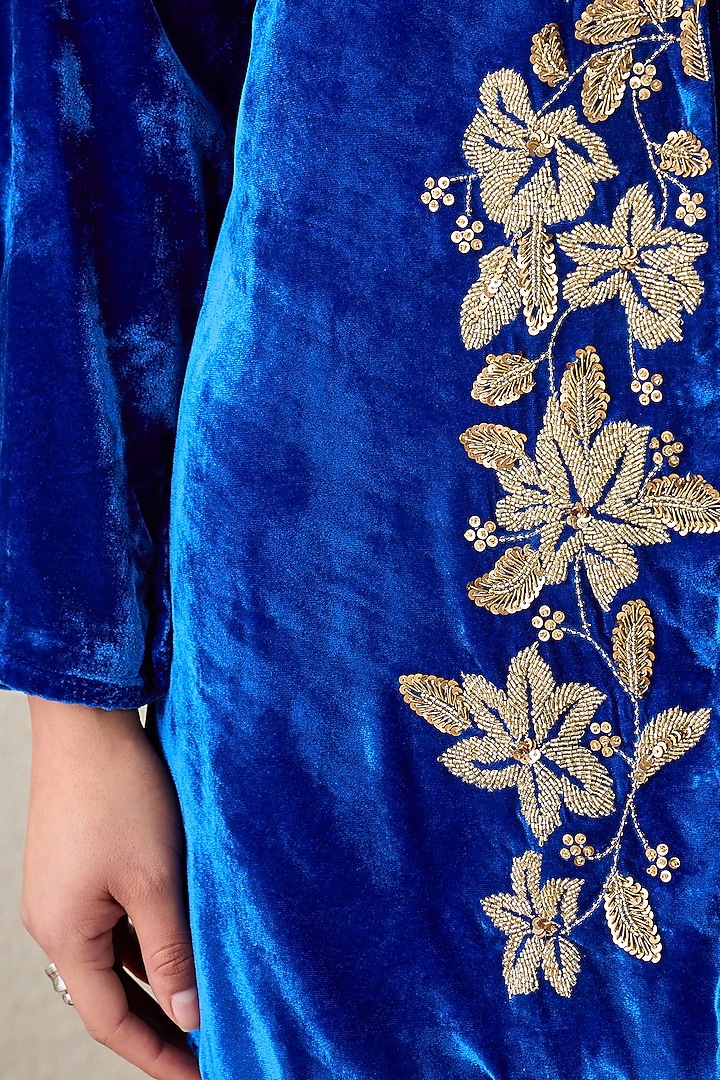Royal Blue Silk Velvet Hand Embroidered Jacket by First Resort by Ramola Bachchan at Pernia's Pop Up Shop