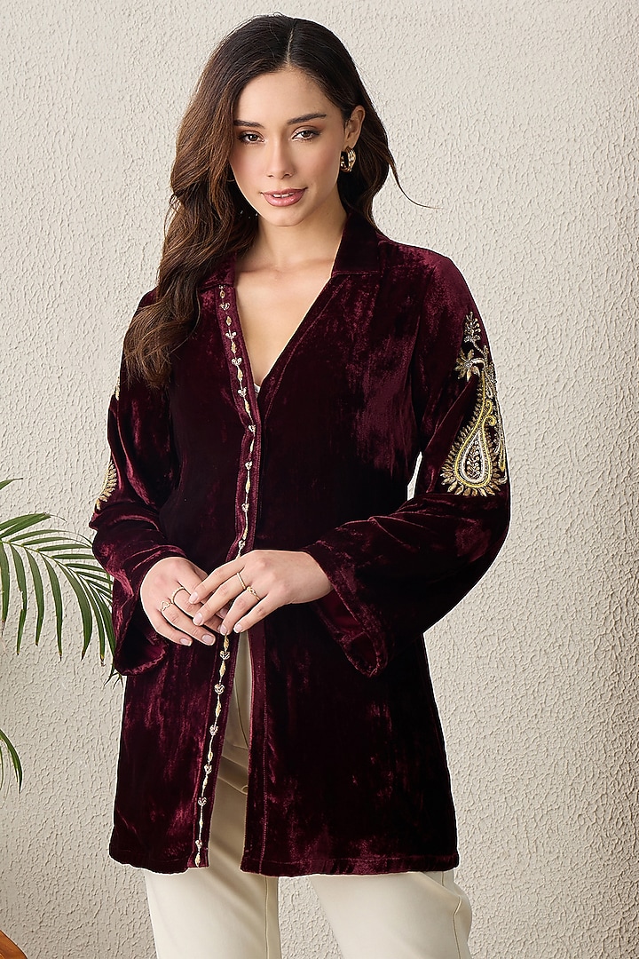 Maroon Silk Velvet Hand Embroidered Jacket by First Resort by Ramola Bachchan at Pernia's Pop Up Shop