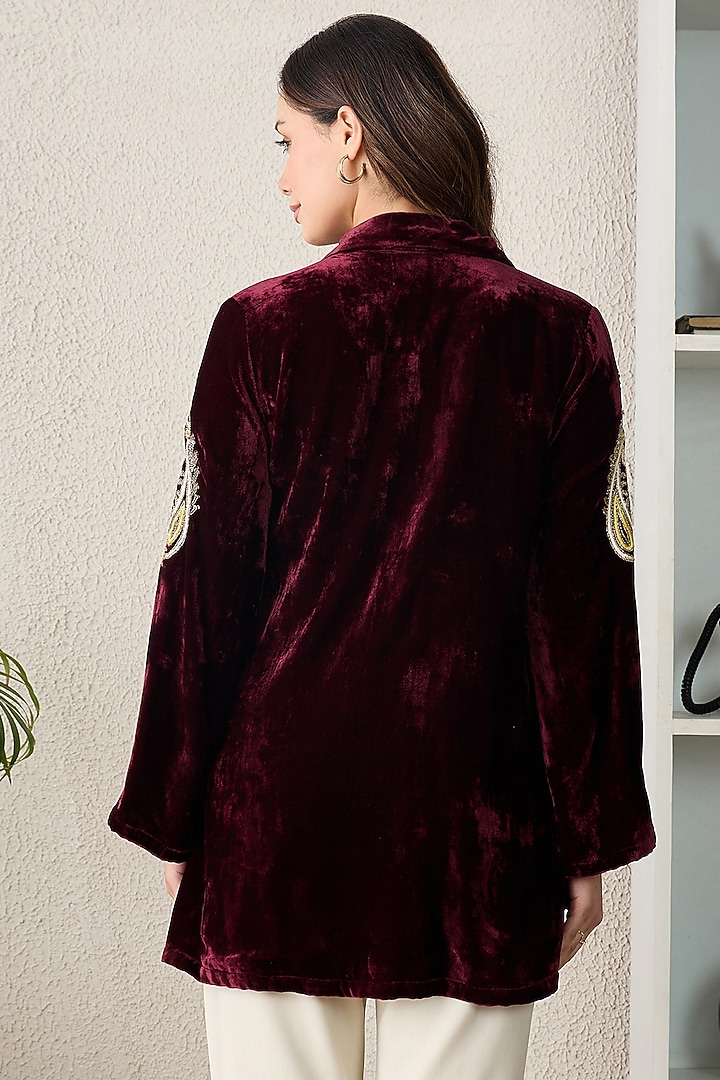 Maroon Silk Velvet Hand Embroidered Jacket by First Resort by Ramola Bachchan at Pernia's Pop Up Shop