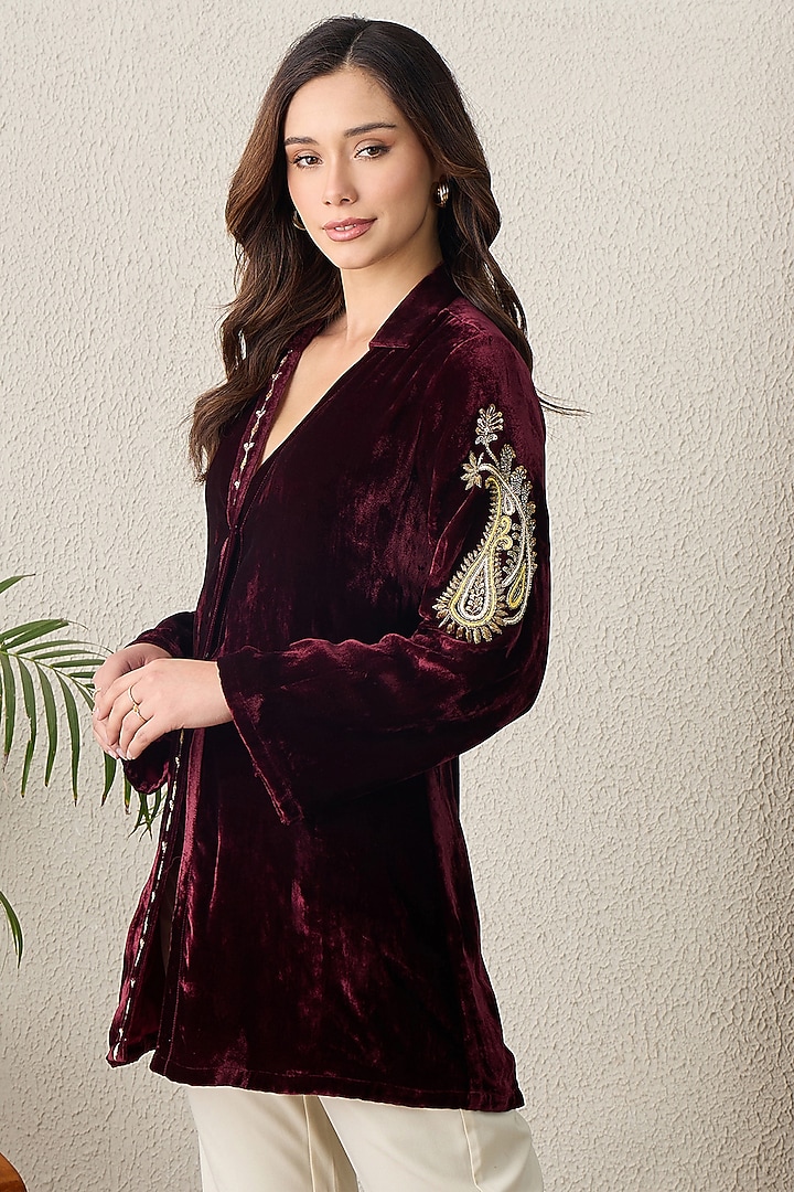 Maroon Silk Velvet Hand Embroidered Jacket by First Resort by Ramola Bachchan at Pernia's Pop Up Shop